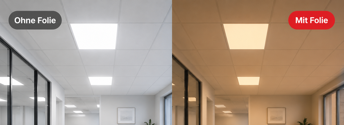 LED Panel abdunkeln mit LED Filterfolie vorher nachher Vergleich im Büro