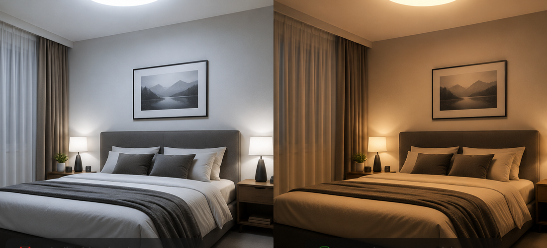 Schlafzimmer Beleuchtung vorher nachher mit LED Abdunklungsfolie
